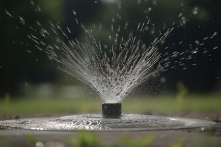 close-up of sprinkler head, spraying water in rhythmic motion, created with generative aiの素材