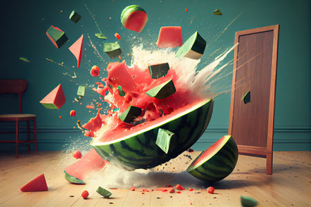 watermelon smash, with pieces flying off the plate and onto the floor, created with generative aiの素材