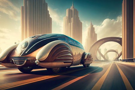 vintage car rolling down futuristic glass-covered highway, surrounded by towering buildings, created with generative aiの素材