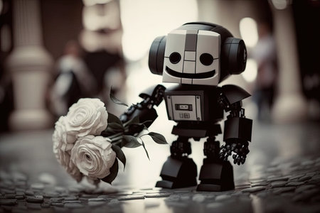 cute robot, dressed in classic black and white attire, brings smile and cheer to wedding with floral bouquet, created with generative aiの素材