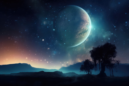 planet, with atmosphere of different hues and shades, against starry background, created with generative aiの素材