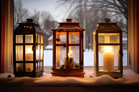 holiday lanterns on windowsill, with view of snowy landscape, created with generative aiの素材