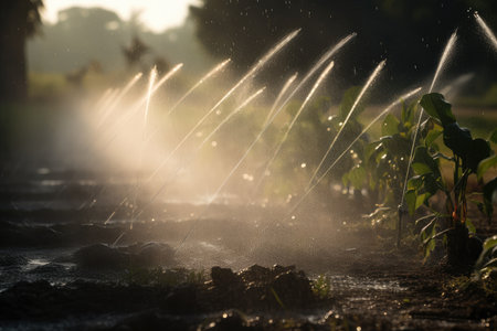 sprinkler system misting the air with fine droplets of water, created with generative aiの素材