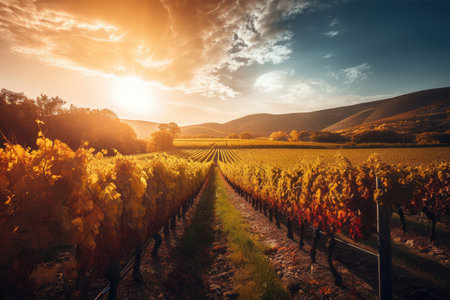 magnificent vineyard, with rolling hills and autumn sun setting behind the vines, created with generative aiの素材
