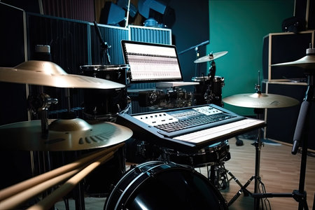 electronic drumsticks, drums and laptop with recording software in modern recording studio, created with generative aiの素材
