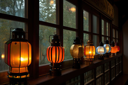a row of lanterns in a warm, welcoming window, created with generative aiの素材