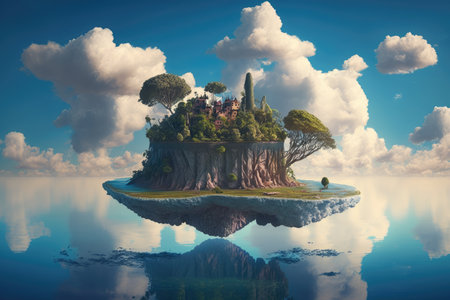 a surreal floating island with a blue sky and clouds in the background, surrounded by water., created with generative aiの素材