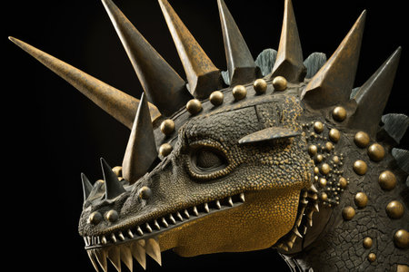 close-up of stegosaurus head, showing the unique bony plates on its skull, created with generative aiの素材