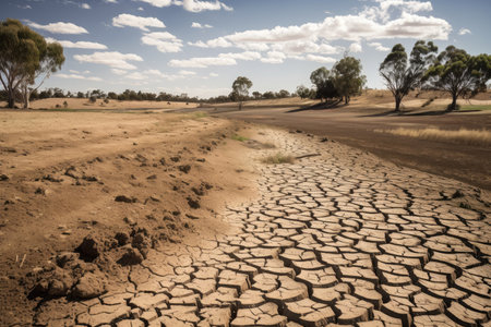 drought-stricken countryside, with parched fields and cracked earth, created with generative aiの素材