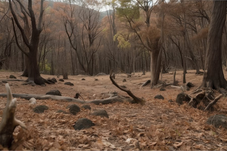 drought-stricken forest, with dried leaves and broken branches on the ground, created with generative aiの素材