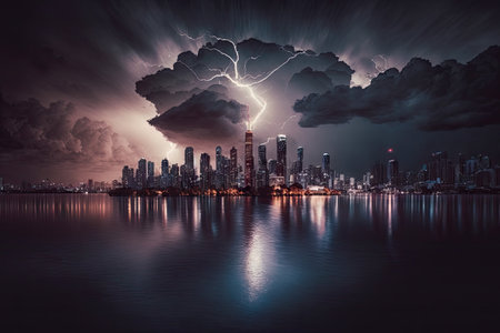 brooding storm clouds above the city, with lightning striking the water, created with generative aiの素材