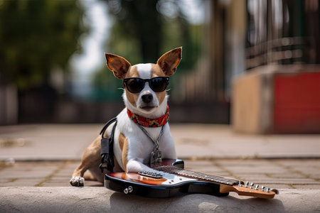 dog with guitar and rock sign, ready for music video shoot, created with generative aiの素材