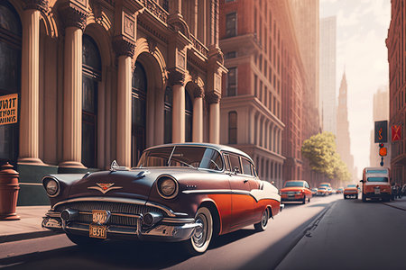 vintage car driving through urban setting, with towering buildings in the background, created with generative aiの素材