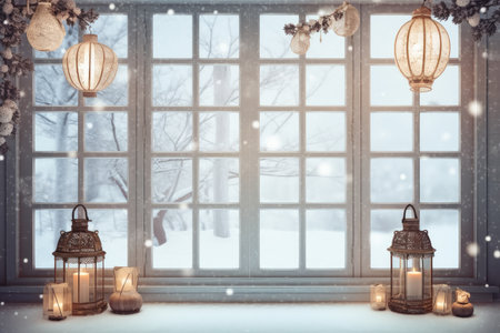 a serene winter scene with lanterns and snowflakes on the window, created with generative aiの素材