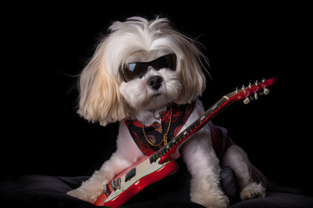 dog with guitar and rock star persona, posing for photo shoot, created with generative aiの素材