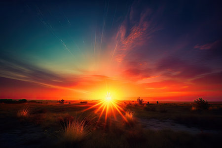 beautiful sunrise, with the sun peeking over the horizon and illuminating a sky filled with colorful flares and streaks, created with generative aiの素材