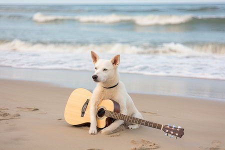 dog taking a break from music tours at beach with guitar in hand, created with generative aiの素材