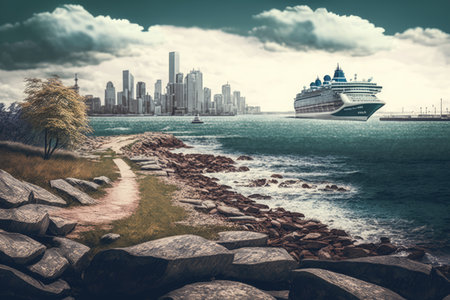 seashore with cruise liner in the distance and city skyline in the background, created with generative aiの素材