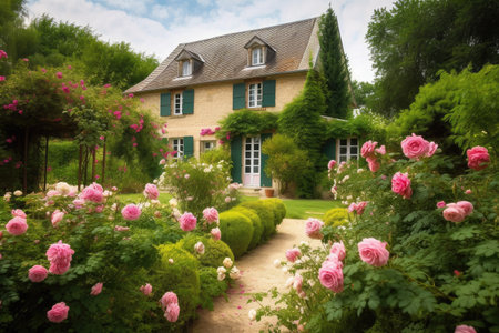 french country house exterior surrounded by lush gardens, with rose bushes and blooming flowers, created with generative aiの素材