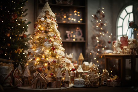 a glittering, magical christmas tree surrounded by presents, with a gingerbread house in the background, created with generative aiの素材