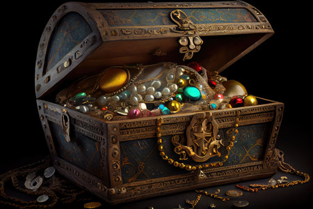treasure chest filled with gold, silver and jewels, created with generative aiの素材