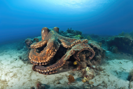 octopus krakens tentacles wrap around sunken shipwreck, guarding treasure, created with generative aiの素材