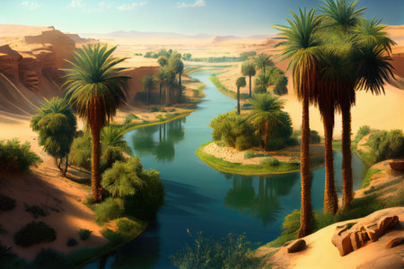 oasis with palm trees and river flowing in the desert, created with generative aiの素材