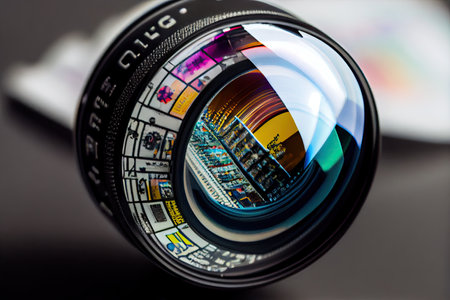 close-up of security camera lens, with reflections and privacy stickers visible, created with generative aiの素材