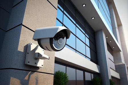 security camera recording, monitoring entrance of office building, created with generative aiの素材