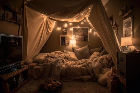 cozy blanket fort, with pillows and soft blankets for snuggle heaven, created with generative aiの素材