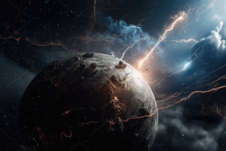 distant exoplanet with stormy weather, lightning bolts striking the surface, created with generative aiの素材