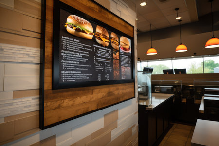 drive-thru window with a menu board and descriptive text, created with generative aiの素材
