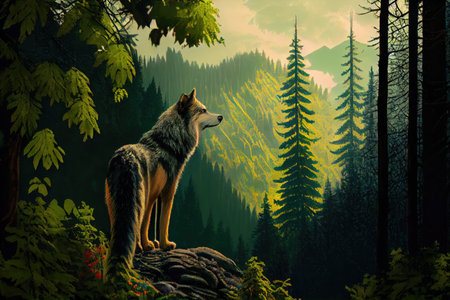 wolf gazing out over lush forest, with tall trees in the distance, created with generative aiの素材