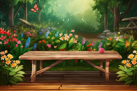 a wooden table surrounded by a lush garden, with blooming flowers and butterflies, created with generative aiの素材