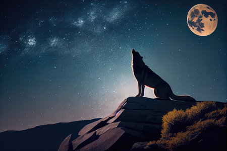 wolf, with the moon and stars above, on a mountaintop lookout, created with generative aiの素材