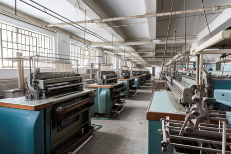 textile factory, with machines and devices operating to bring fabrics to life, created with generative aiの素材