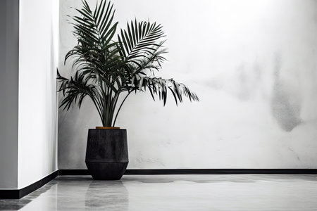sophisticated black and white interior with striking houseplant in concrete flowerpot, created with generative aiの素材