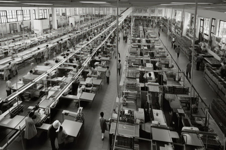 textile factory, with dozens of machines in motion and workers in their designated roles, created with generative aiの素材