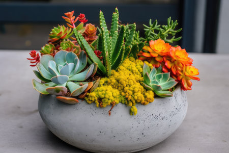 green succulent plants with yellow, orange, and red blooms bring colorful pop of color to concrete flowerpot, created with generative aiの素材