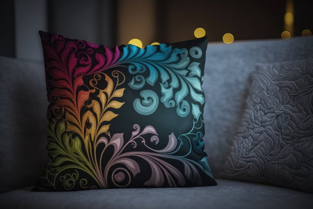 pillow with vibrant pattern, against blurred and tranquil background, created with generative aiの素材