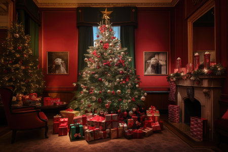 a festive scene featuring a grand christmas tree, surrounded by presents and stockings, created with generative aiの素材