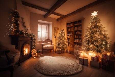 warm, cozy room with beautifully decorated tree, shining twinkling lights and presents, created with generative aiの素材