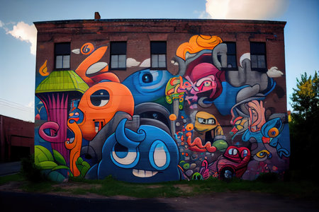 graffiti art mural, featuring colorful hand-painted characters and patterns, on abandoned building, created with generative aiの素材