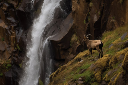 ibex looking down at a waterfall from its vantage point on the cliff face, created with generative aiの素材