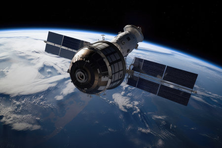 a spinning space station, with the earth visible in the background, created with generative aiの素材