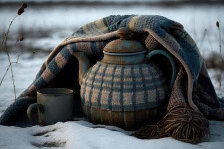 teapot with cozy blanket and mug on a cold winter day, created with generative aiの素材