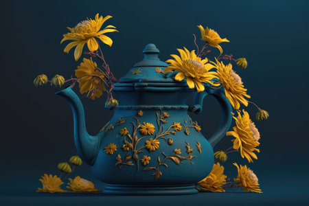 teapot with yellow flowers on a blue background, created with generative aiの素材
