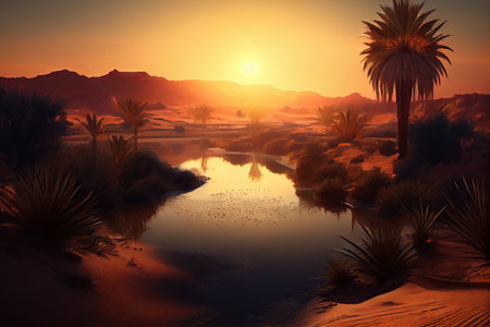 sunrise over oasis, with the sun peeking over the horizon and casting its golden light on the landscape, created with generative aiの素材