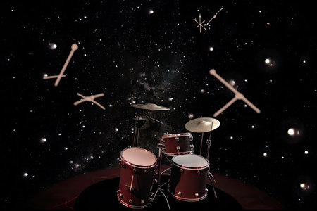 electronic drumsticks and drum set floating in space with stars, created with generative aiの素材