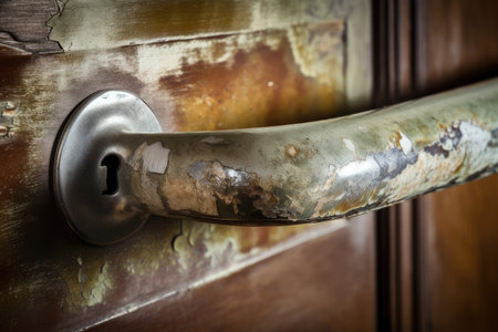 close-up of door handle, with cracks and wear visible, created with generative aiの素材